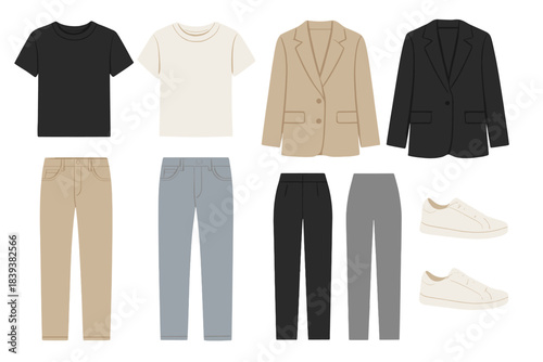 Casual and business casual clothing items and footwear assortment