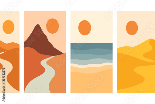 Abstract landscape panels featuring sun and layered natural elements