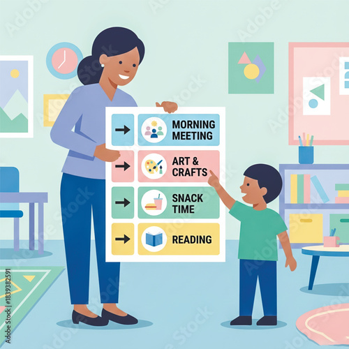 Colorful classroom schedule board showing daily activities for young learners. Perfect for preschool, teachers, and education materials. Vector illustration
