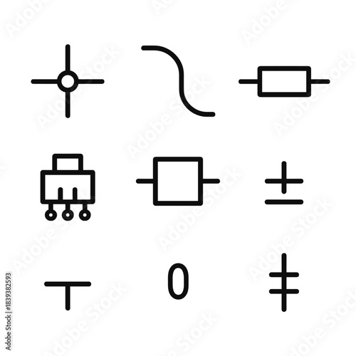 Technical Blueprint Diagram. Technical Blueprint linear set: circuit diagram node, wiring path, component symbol, connector port, schematic block, tolerance note.
