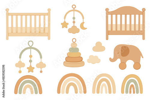 Boho nursery decor elements with cribs mobile stacking toy and rainbow shapes