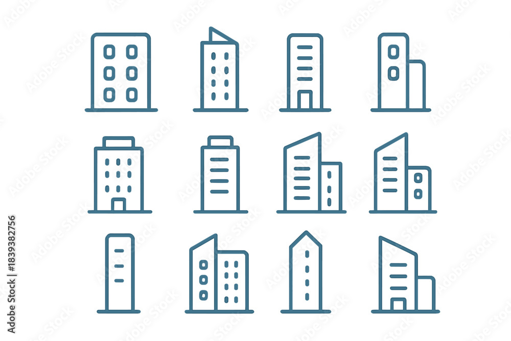 Fototapeta premium Modern and classic building outline icons for urban cityscapes