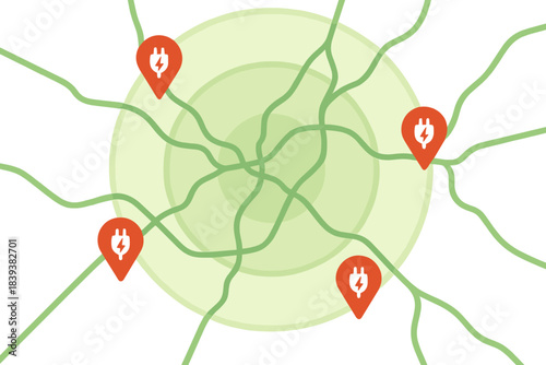 Electric vehicle charging station network map concept with power plug icons