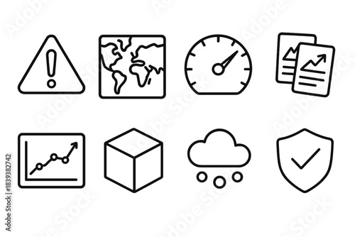 Risk Assessment Icons. Risk Modeling Set linear set: hazard triangle, exposure map, risk score dial, scenario cards, sensitivity graph, model cube, uncertainty cloud, rating shield