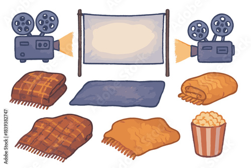 Cozy outdoor movie night setup with projector screen blankets and snacks