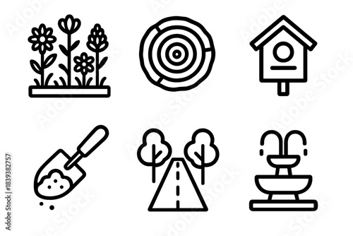 Urban Nature Icons. Urban Nature Exploration linear set: wildflower strip, tree ring, urban birdhouse, soil scoop, green corridor icon, calm fountain.