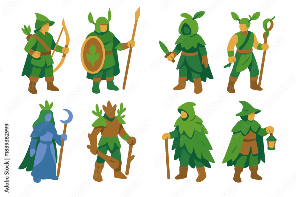 Fototapeta premium Eco Protector Icons. Eco Protector Characters isometric flat set: wildwood ranger, glade-bound sentry, bark-veil scout, vine-tether fighter, moon-grove mystic, root-spire guardian,