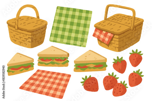 Woven picnic basket and checkered blanket with fresh food elements