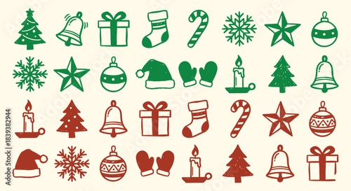 Christmas. Holiday. Icon Set. A green and red vector collection of classic Christmas icons with a grunge texture for a greeting card, a gift tag, a pattern, or a festive design.