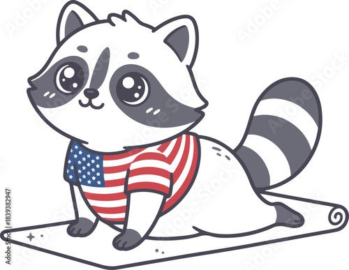 Cartoon raccoon wearing American flag shirt lying on a yoga mat