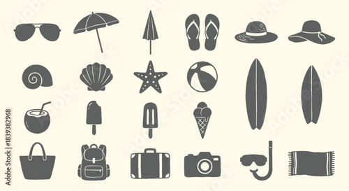 Summer. Beach. Icon Set. A gray vector glyph collection of classic summer and beach vacation icons for a travel blog, a poster, a t-shirt, or a creative design element project asset.