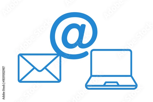 Email communication concept with envelope at symbol and laptop outline