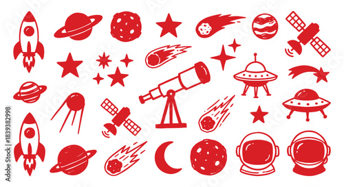 Space. Astronomy. Icon Set. A red vector collection of space and astronomy icons with a grunge texture for a science project, a children's book, a t-shirt, or a creative design.