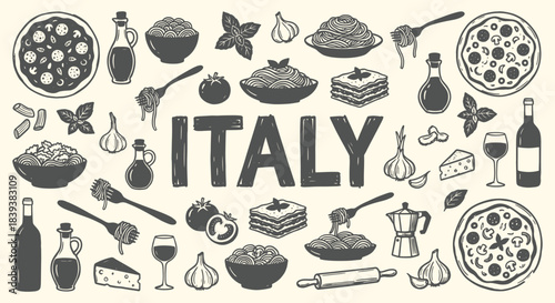 Italy. Italian Food. A black and white hand drawn vector doodle set of classic Italian cuisine for a restaurant menu, a food blog, a cookbook, or a seamless pattern background design.
