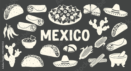 Mexico. Mexican Food. A hand drawn chalk vector doodle set of classic Mexican food on a chalkboard for a restaurant menu, a Cinco de Mayo party, or a food festival poster design.