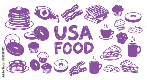 USA Food. Breakfast. A purple hand drawn vector doodle set of classic American breakfast and brunch items for a restaurant menu, a diner's branding, a food blog, or a cookbook design.