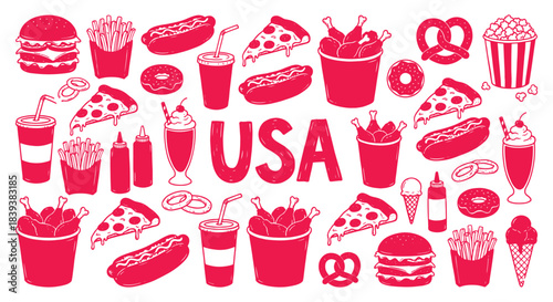 USA. American Food. A red hand drawn vector doodle set of classic American fast food for a restaurant menu, a 4th of July party, a food truck, or a travel guide graphic illustration.