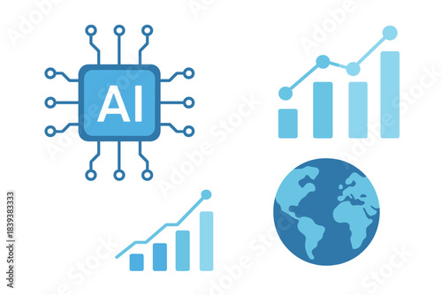 Artificial intelligence chip with global growth charts and data analysis icons