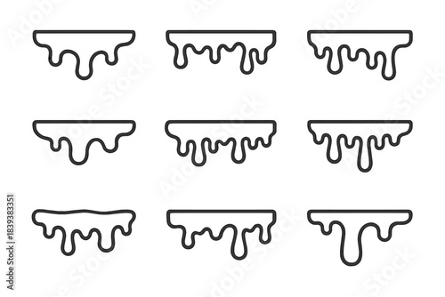 Set of nine dripping liquid outline icons for slime or melted substance
