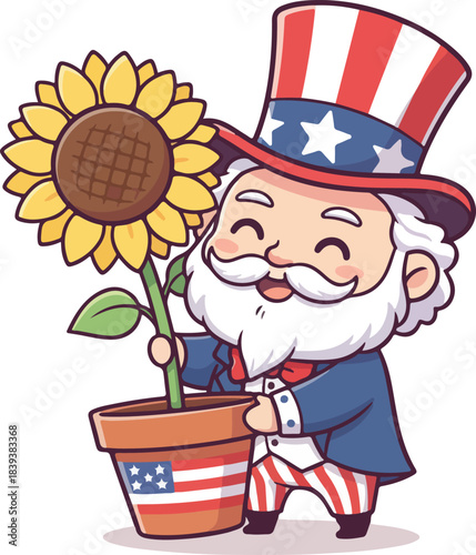 Cartoon Uncle Sam Character Holding Sunflower Pot Patriotic Theme