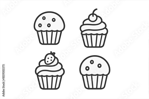 Four simple outline icons of various cupcakes and muffins