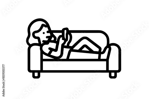 Outline icon of woman relaxing on sofa using mobile device