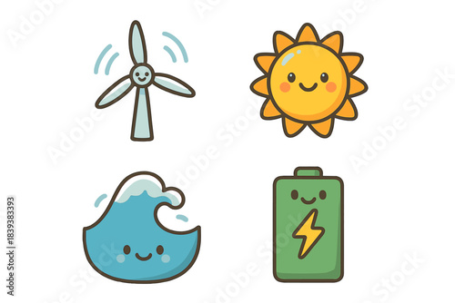 Smiling icons representing solar, wind, hydro power, and battery storage systems