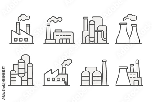 Outline icons of industrial factory and processing plant structures with smoke