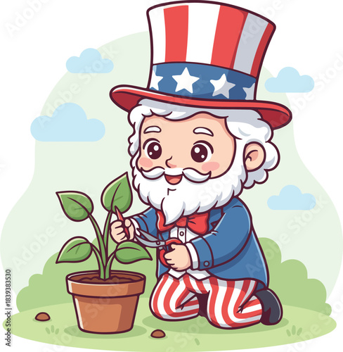 Cartoon Uncle Sam Character Planting a Potted Plant in a Garden