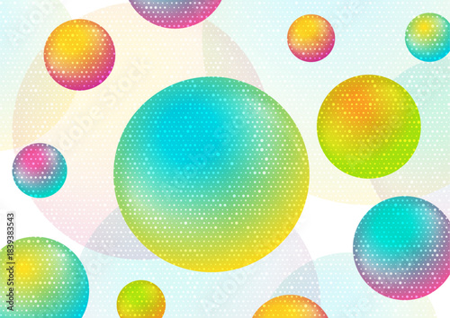 Colorful shiny circles with tech halftones dots abstract minimal background. Geometric futuristic vector design
