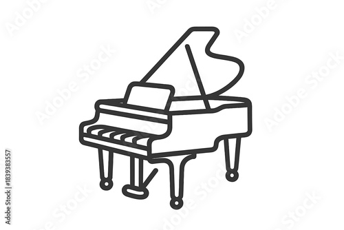 Minimalist line drawing of a grand piano with raised lid