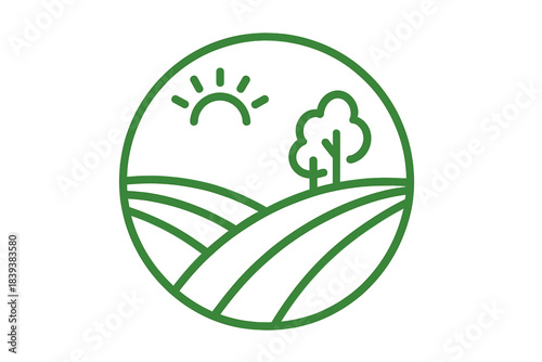 Rolling green farmland landscape with sun and tree outline icon