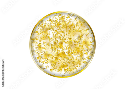 Shiny golden foil confetti on circle white background. Vector abstract holiday design