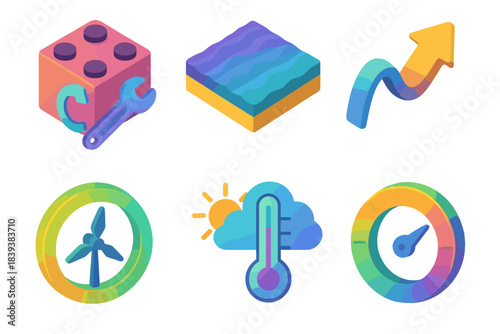 Colorful Isometric Icon Set. Adaptive Habitat Set flat isometric set: self-repairing building block, resilient material tile, stress-response arrow, sustainable energy ring,
