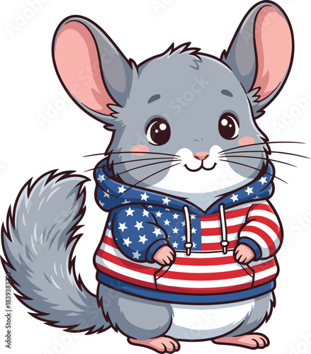 Charming cartoon chinchilla wearing an American flag hoodie isolated on white