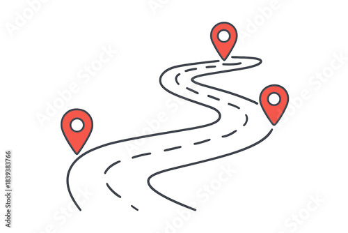 Winding road route marked with three destination map pins