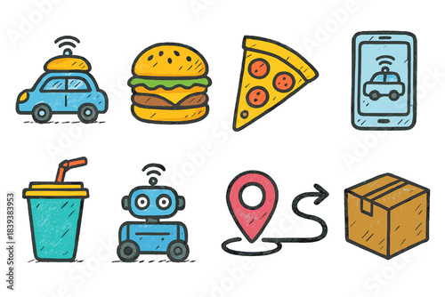 Delivery and food doodle icon set. Fast food, transport, location outline style