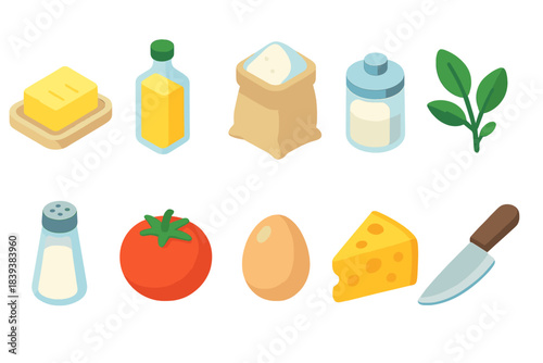 Cooking ingredient flat icon set. Kitchen ingredients and food icons collection