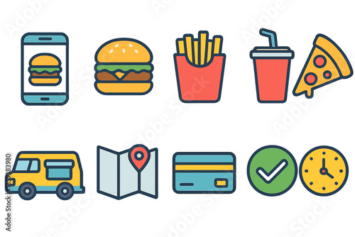 Food and delivery flat icon set. Fast food, map, payment icons collection