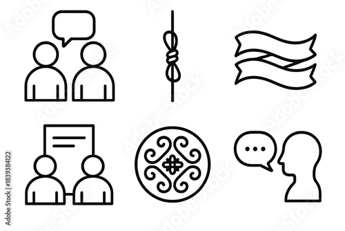 Narrative Icons Collection. Community Story Set linear set: talking figures, memory knot, narrative ribbon, shared notes, cultural emblem, spoken word bubble.