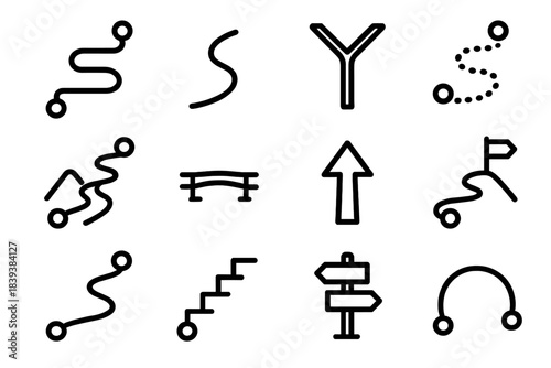 Outlined Path Symbols. Directional Path Collection linear set: terrain route, path stripe, fork symbol, dotted trail, hillside walkway, bridge deck line, navigation arrow, journey