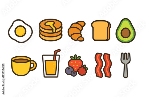 Breakfast food icon set. Tasty, linear icons of eggs, pancakes, coffee, fruits, and more