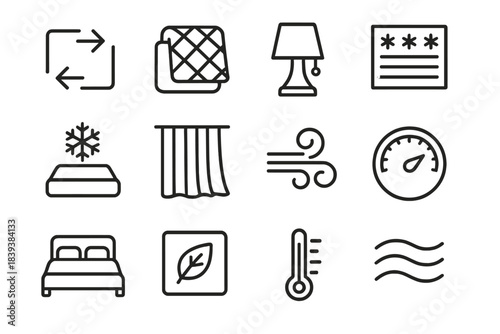Ideal Sleep Environment Icons. Optimal Sleep Space Set linear set: ventilation path, cozy quilt, low-light lamp, noise filter panel, cooled bedding icon, nighttime curtain fold,