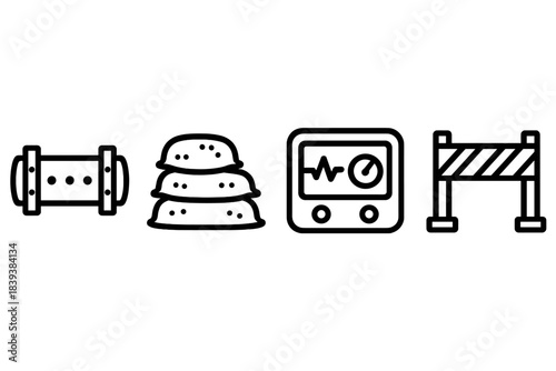 Security Infrastructure Icons. Essential Service Defense linear set: reinforced pipeline bead, stability-monitor panel, safety-gate strip.
