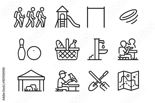 Community Recreation Icons. Community Recreation Set linear set: group hike icon, playground slide, outdoor fitness bar, frisbee, lawn game pin, shared picnic basket, water station