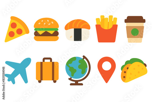 Food and travel flat icon set: fast food, flight, and destination icons collection