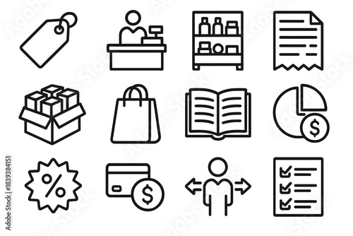 Market Symbols Overview. Commercial Market Activities linear set: price tag, checkout counter, product shelf, invoice sheet, wholesale pack, retail bag, merchant ledger, cost