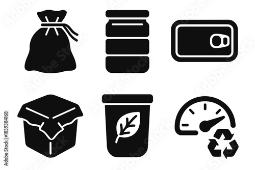 Eco-Friendly Storage Icons. Eco-Friendly Food Keeping silhouette set: cloth produce sack, stackable jar, sealed tin, compostable wrap, pantry bin, sustainability meter.