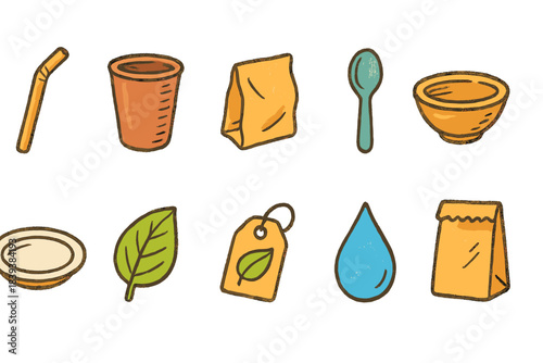 Eco-friendly, sustainable flat icon set for recycling and zero waste lifestyle