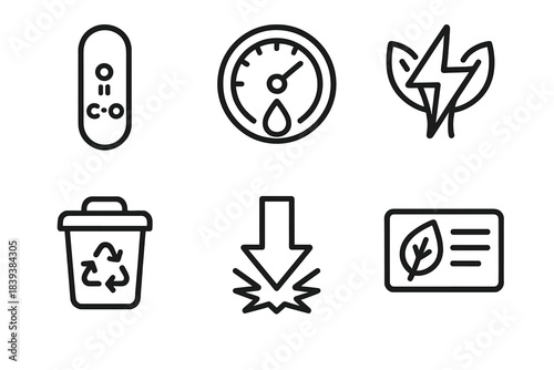 Eco Symbol Icons. Environmental Effect Symbols linear set: carbon marker, water gauge, eco energy spark, recyclable waste bin, impact arrow, nature score card.